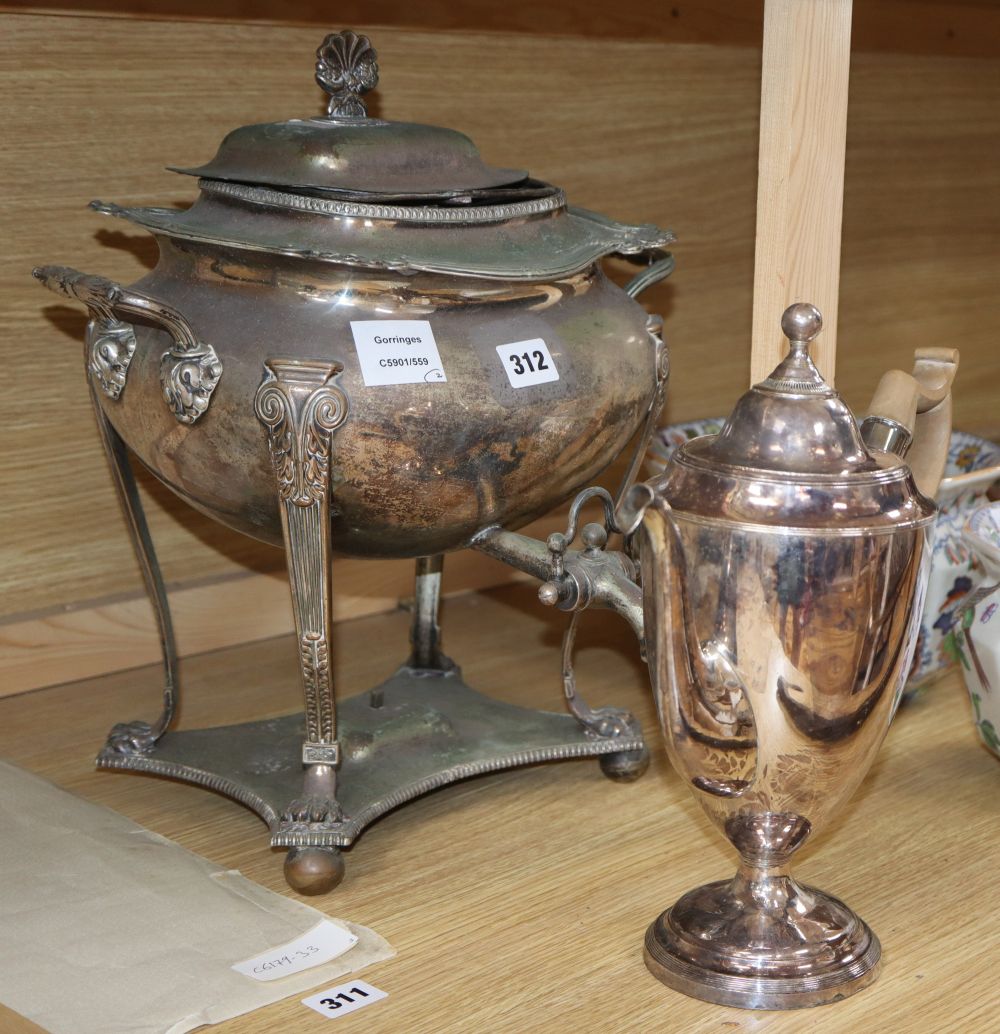 A plated lamp, a tea urn and a hot water jug